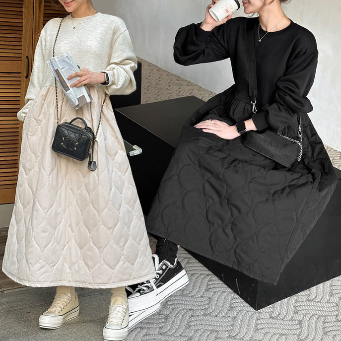 フレンチ スウェット× キルティング 起毛 ワンピース◆　全2色