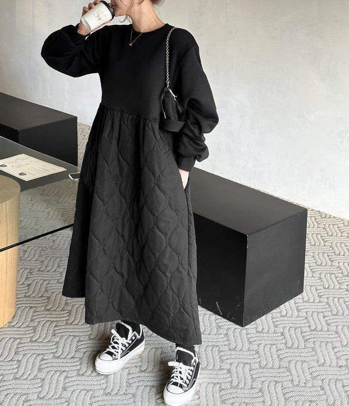 フレンチ スウェット× キルティング 起毛 ワンピース◆　全2色