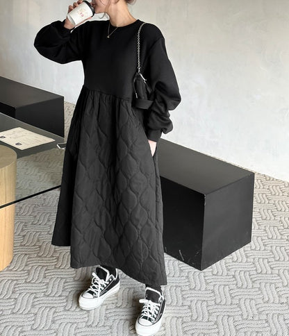 フレンチ スウェット× キルティング 起毛 ワンピース◆　全2色
